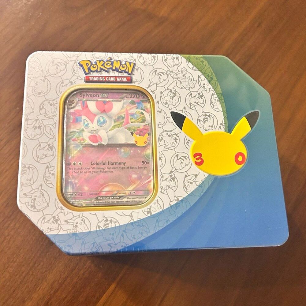 Pokemon TCG 30th Celebration Sealed Tin Box Sylveon Promo Pikachu Booster